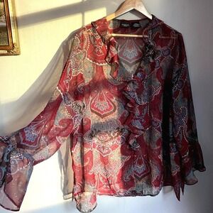 Y2K Paisley Sheer Red Flowy Ruffle Blouse 22‎ Boho Fairycore Whimsygoth Flutter
